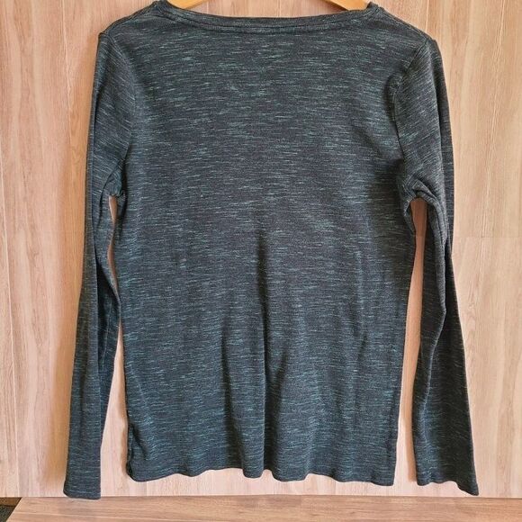 Merona Teal Stripe Long Sleeve Shirt L – Cotton V-Neck, Heathered Knit Tee - Picture 2 of 7